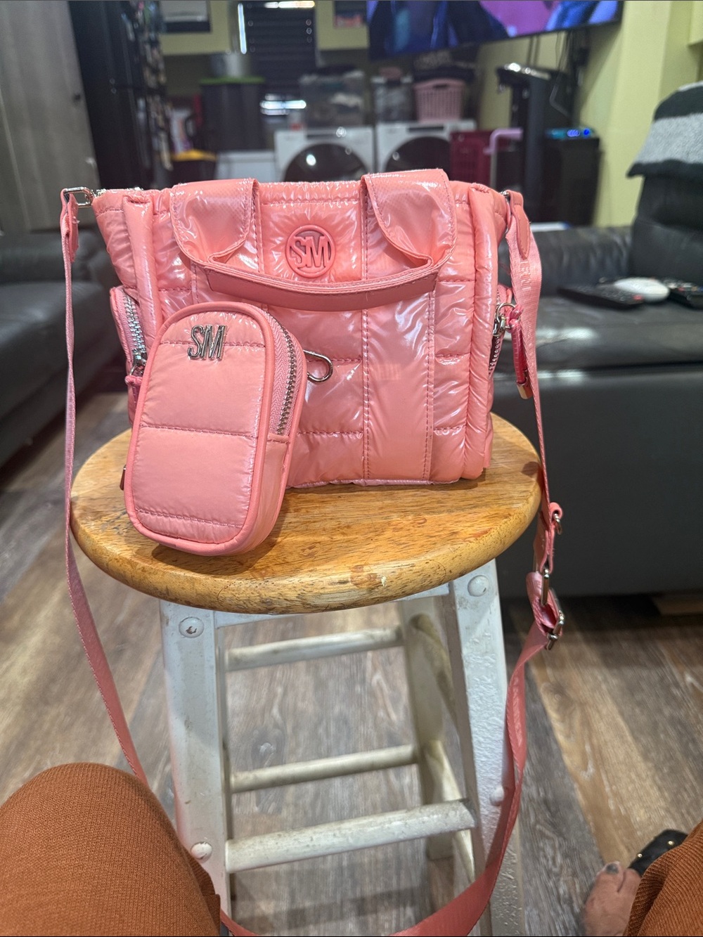 Pink Quilted Crossbody Bag with Detachable Pouch